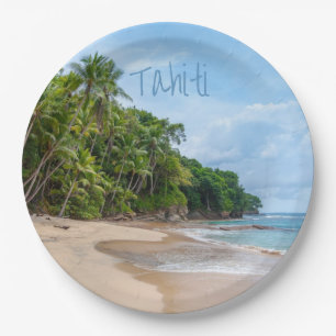 Tahiti Sand Beach Blue Sky Palm Trees Paper Plate