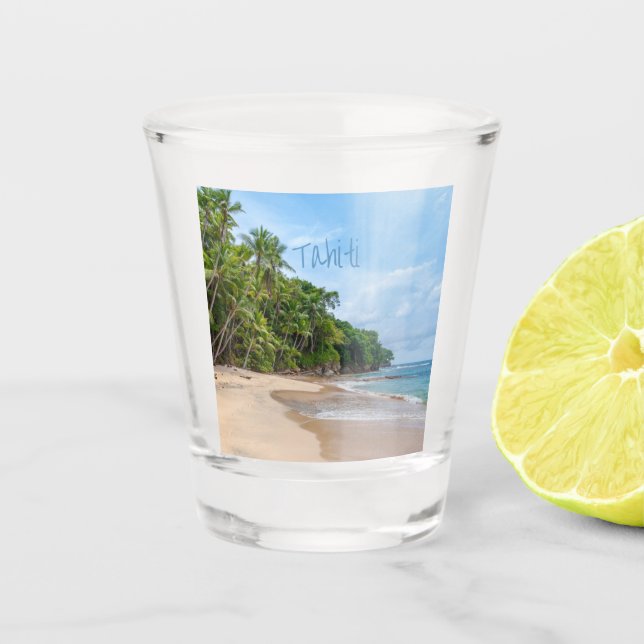 Tahiti Sand Beach Blue Sky Palm Trees Shot Glass (Front)