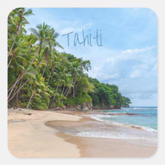 Tahiti Sand Beach Blue Sky Palm Trees Square Sticker (Front)