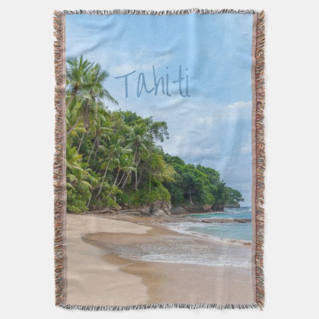 Tahiti Sand Beach Blue Sky Palm Trees Throw Blanket (Front Vertical)
