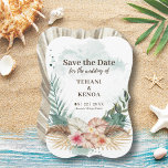 Tahiti | Tropical Watercolor Palm Leaves & Flowers Save The Date<br><div class="desc">Island inspired Save the Date card features an arrangement of hibiscus,  flamingo and jasmine flowers,  and palm leaves with an aqua blue watercolor wash background. The reverse side is an abstract fan palm leaf in shades of khaki beige and taupe. Perfect for beach,  destination and tropical themes.</div>