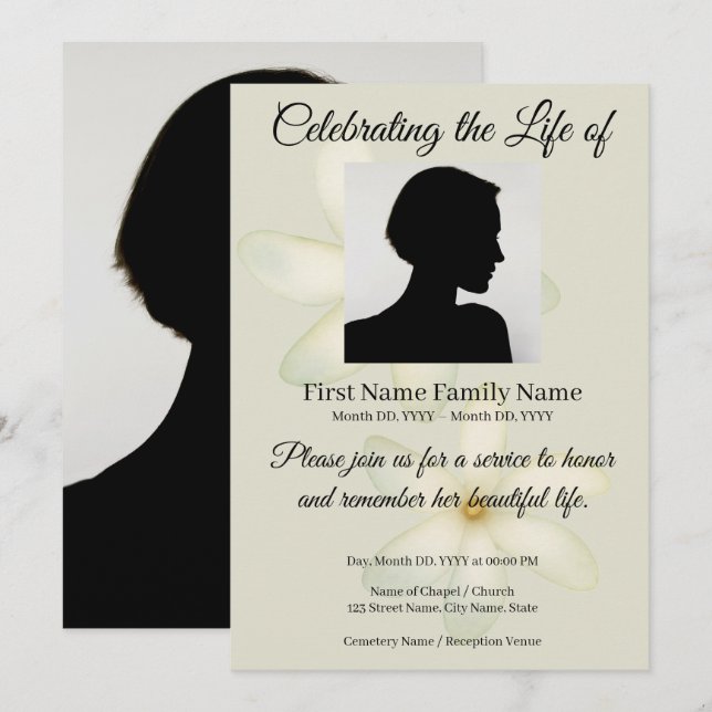 Tahitian gardenia memorial invitation (Front/Back)
