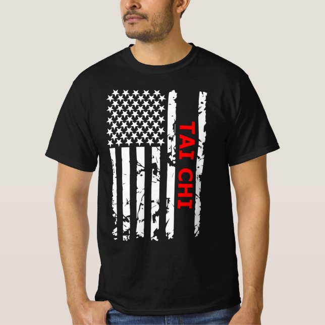 Tai Chi Cool Black And White USA Flag T-Shirt (Front)