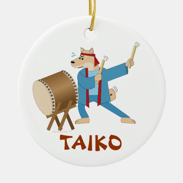 Taiko Drum Cartoon Dog Taiko Drummer Ceramic Tree Decoration (Front)