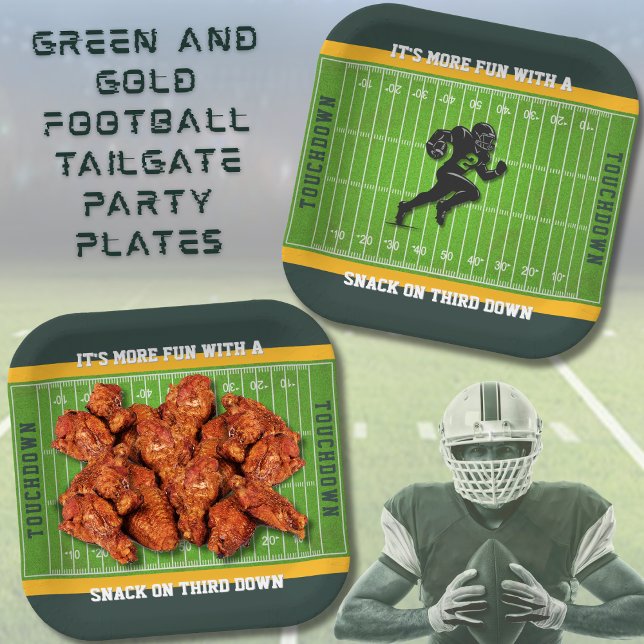 Tailgate Party Green and Gold Football Paper Plate (Get ready for a game day touchdown for your next football watch party, tailgate, or backyard BBQ)