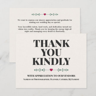Tailored Vendors Custom Wedding Thank You Card
