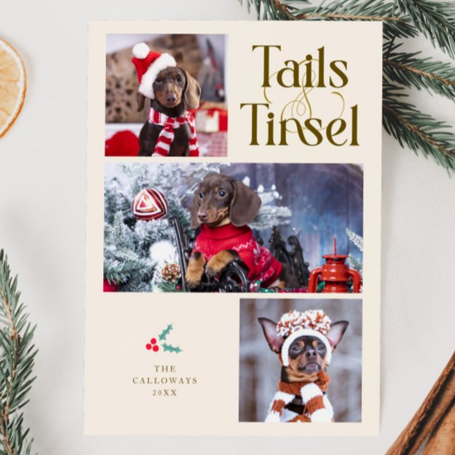 Tails & Tinsel Dog Photo Cream Christmas Holiday Card (Creator Uploaded)