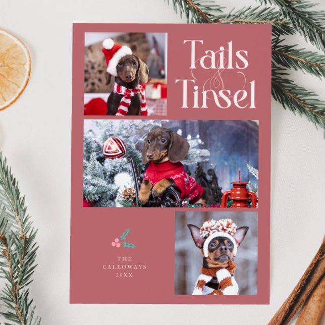 Tails & Tinsel Dog Photo Pink Christmas Holiday Card (Creator Uploaded)