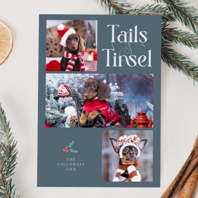 Tails & Tinsel Dog Photo Slate Blue Christmas Holiday Card (Creator Uploaded)