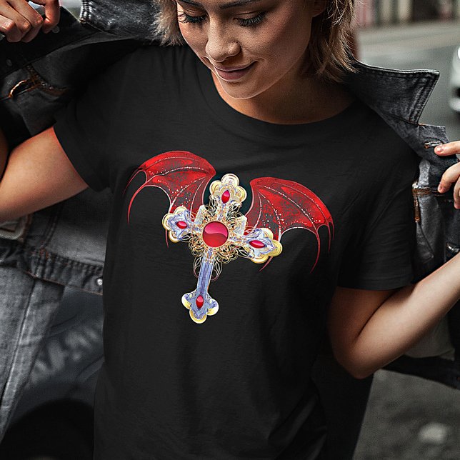 Tainted Red Jewelled Gold Tipped Christian Cross T-Shirt (Creator Uploaded)