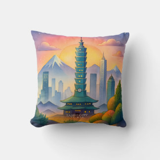 Taipei City Taiwan Skyline Watercolor Cushion