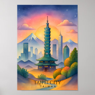Taipei City Taiwan Skyline Watercolor Poster