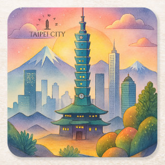 Taipei City Taiwan Skyline Watercolor Square Paper Coaster