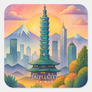 Taipei City Taiwan Skyline Watercolor Square Sticker