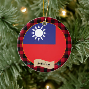 Taiwan, Red buffalo plaid & Taiwanese Flag Ceramic Tree Decoration