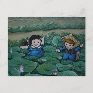 Taiwanese children in lily pond postcard