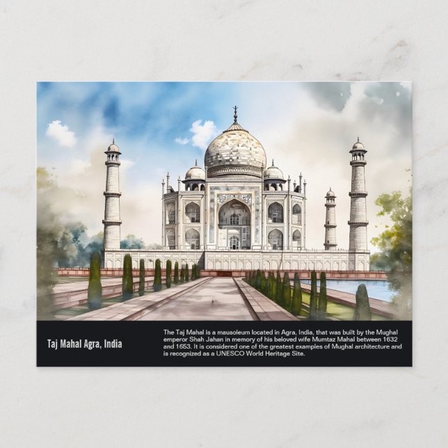 Taj Mahal Agra India Travel Watercolor Painting Postcard (Front)