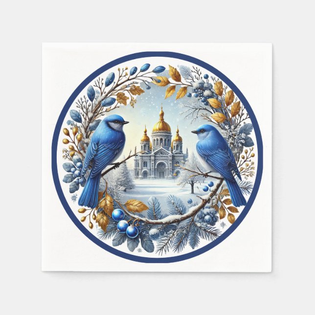 Taj Mahal Bluebirds Winter Berries Napkin (Front)
