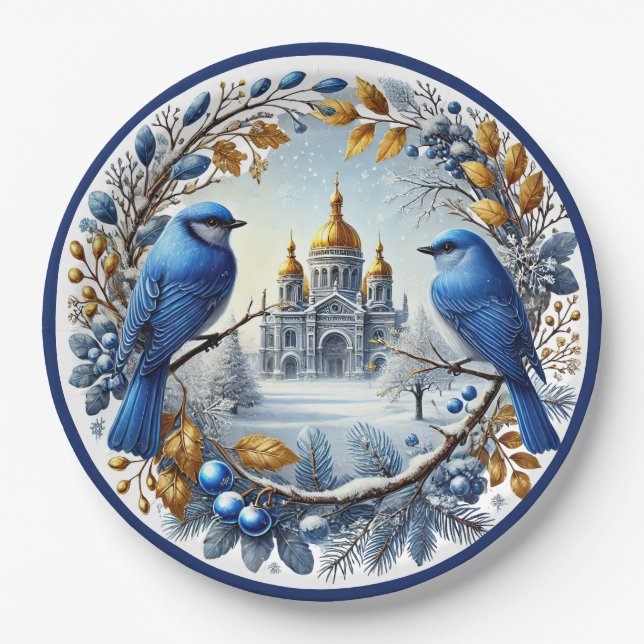 Taj Mahal Bluebirds Winter Berries Paper Plate (Front)