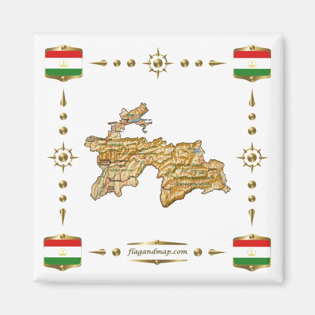 Tajikistan Map + Flags Magnet (Front)