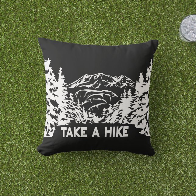 Take a Hike quote monochrome mountain landscape Cushion (Grass)