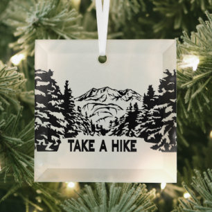 Take a Hike quote monochrome mountain landscape Glass Tree Decoration