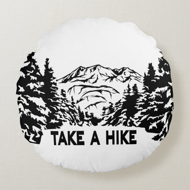 Take a Hike quote monochrome mountain landscape Round Cushion (Front)