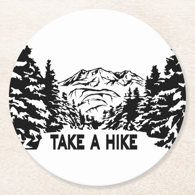 Take a Hike quote monochrome mountain landscape Round Paper Coaster (Front)