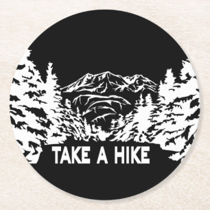 Take a Hike quote monochrome mountain landscape Round Paper Coaster