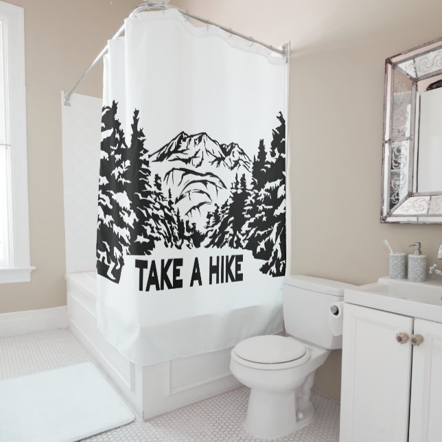 Take a Hike quote monochrome mountain landscape Shower Curtain (In Situ)
