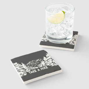 Take a Hike quote monochrome mountain landscape Stone Coaster