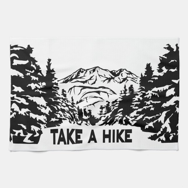 Take a Hike quote monochrome mountain landscape Tea Towel (Horizontal)