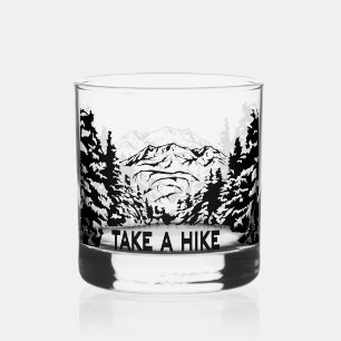 Take a Hike quote monochrome mountain landscape Whiskey Glass