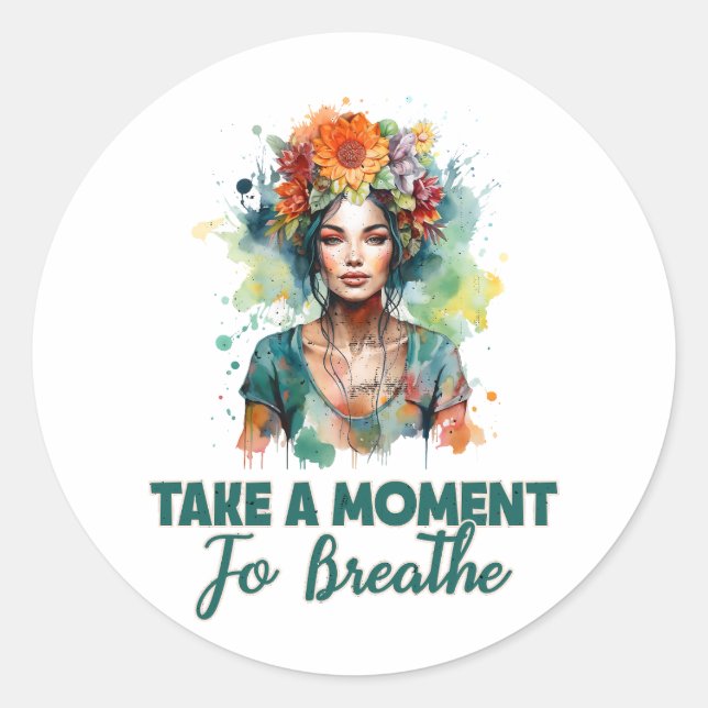 Take a Moment to Breathe Zen Flowers Yoga Girl Classic Round Sticker (Front)