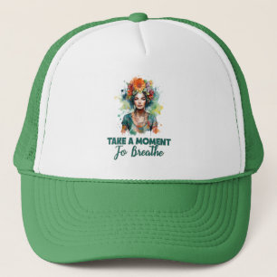 Take a Moment to Breathe Zen Flowers Yoga Girl Trucker Hat