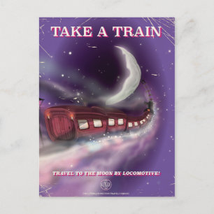 Take a train to the moon cartoon poster postcard