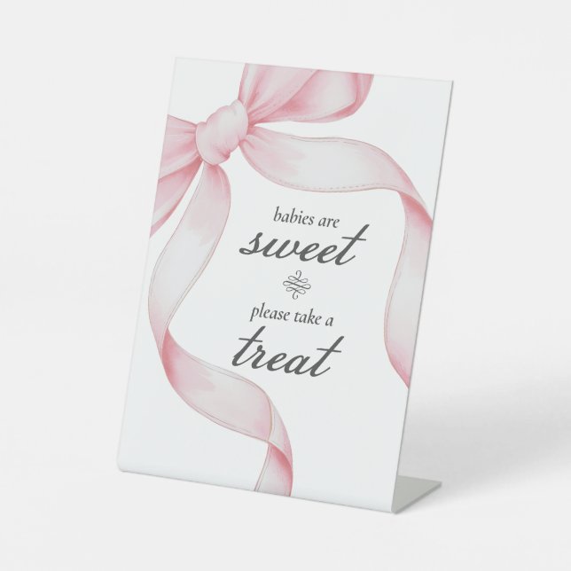 Take a Treat Pink Coquette Bow Baby Shower Pedestal Sign (Front)