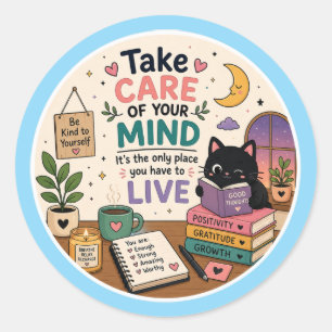 Take Care of Your Mind Cute Cat Self Care Sticker 