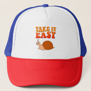 Take It Easy Cute Cartoon Snail Groovy Text Trucker Hat