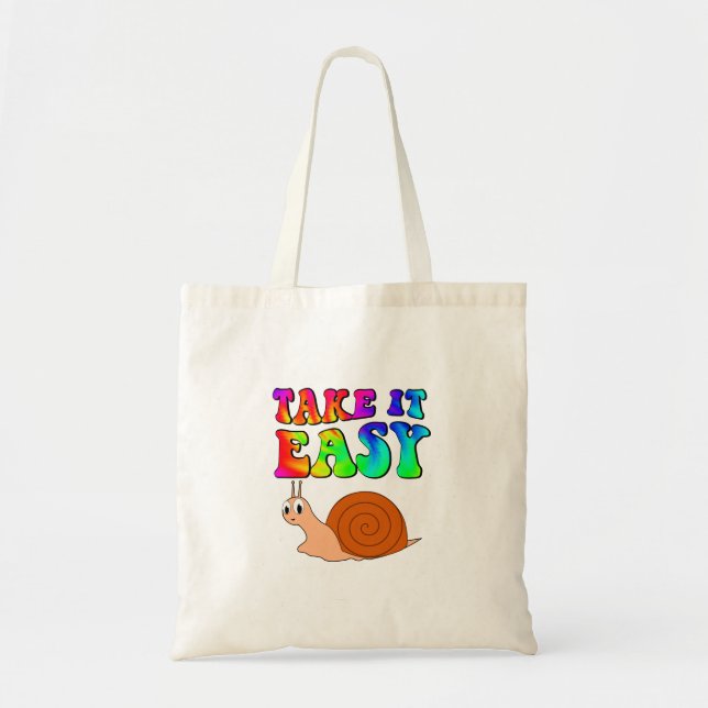 Take It Easy Cute Cartoon Snail With Groovy Text Tote Bag (Front)