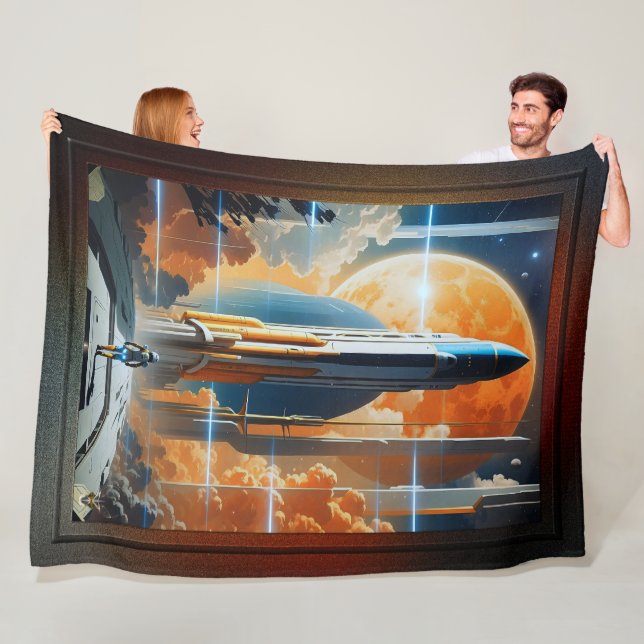 Take Lunar Launch - Journey To Moon Retro Poster Fleece Blanket (In Situ)
