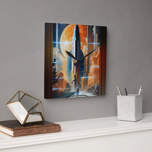 Take Lunar Launch - Journey To Moon Retro Poster Square Wall Clock (Office)
