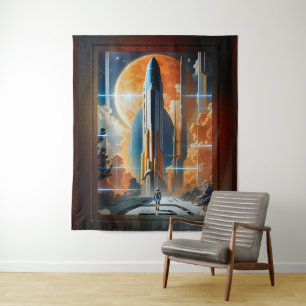 Take Lunar Launch - Journey To Moon Retro Poster Tapestry