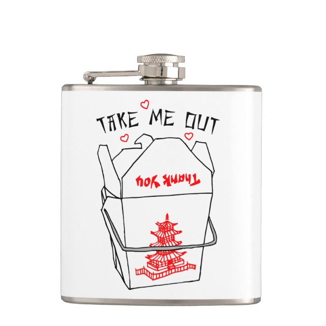 Take Me Out Chinese Takeout Box Hearts Hip Flask (Front)