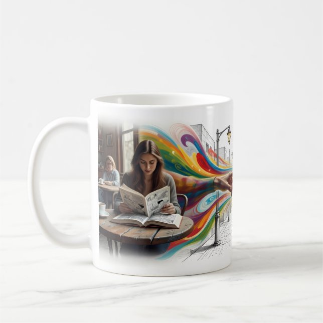 Take On Me Girl Reading Comic World Mug (Left)
