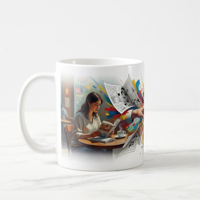 Take On Me Girl Reading Comic World Mug (Left)