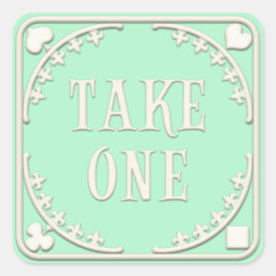 "Take One" Wonderland Tea Party Inviting Green Square Sticker