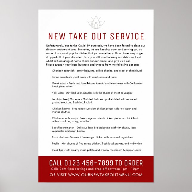 Take out emergency restaurant notice and new menu poster (Front)