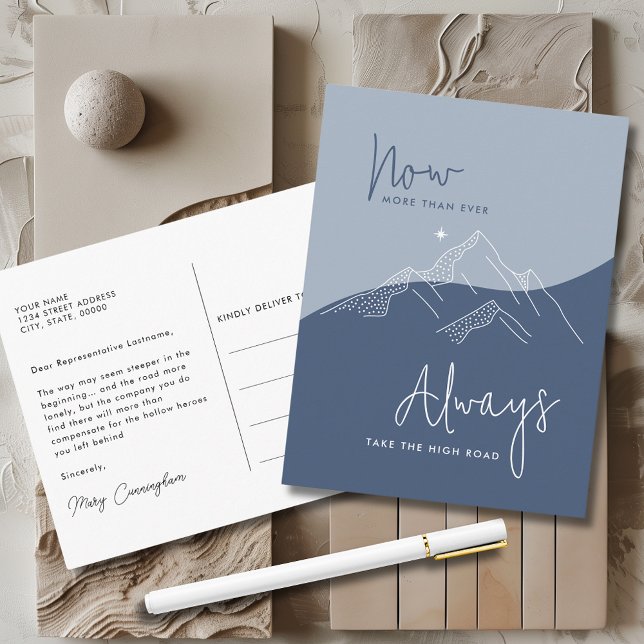 Take the High Road Slate Blue Motivational Postcard (Modern Script Typography Abstract Mountains Always Take the High Road Congress Postcard)
