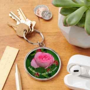 "TAKE TIME TO SMELL THE ROSES" LOVELY PINK ROSE KE KEY RING